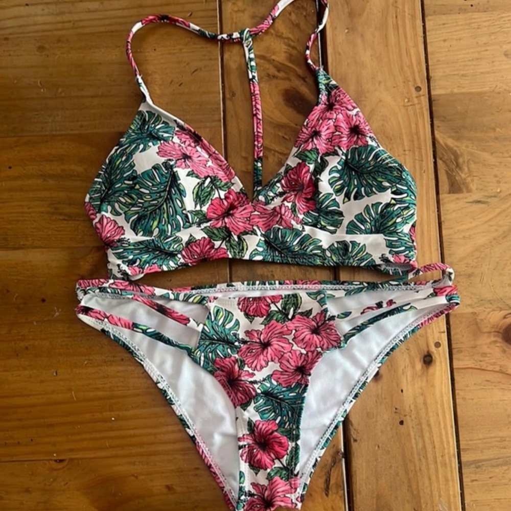 Floral Bikini Set with Pink and Green Leaves